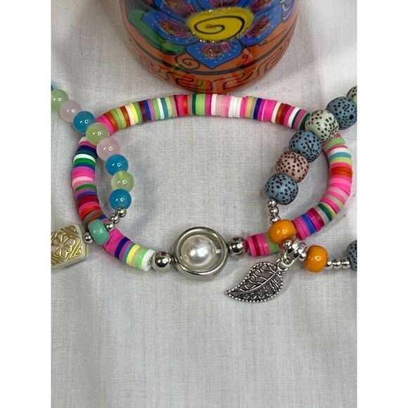 Turquoise Black Lava Heart Boho Stretch Stack Beaded Bracelets Set Of 4 HOT PINK - Picture 7 of 14